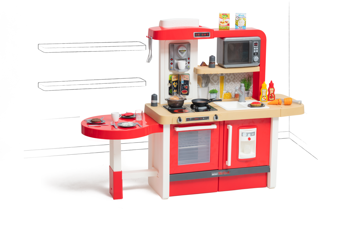 Cucina componibile con acqua corrente e microonde Tefal Evolutive Gourment Smoby rossa con bolle magiche e 43 accessori